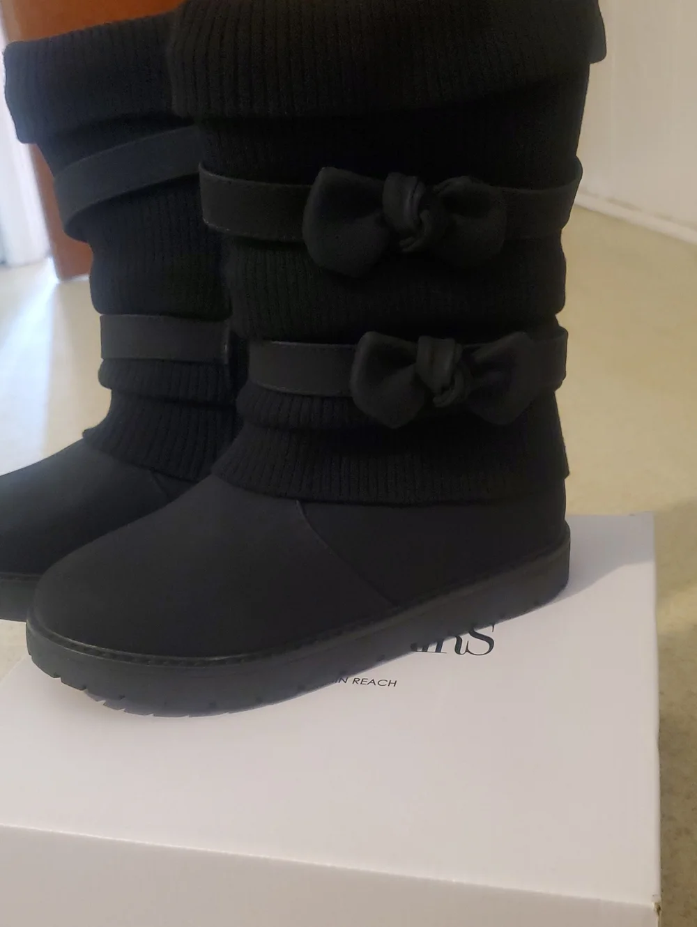 Black Girls' Knit Cuff Bow Snow Boots